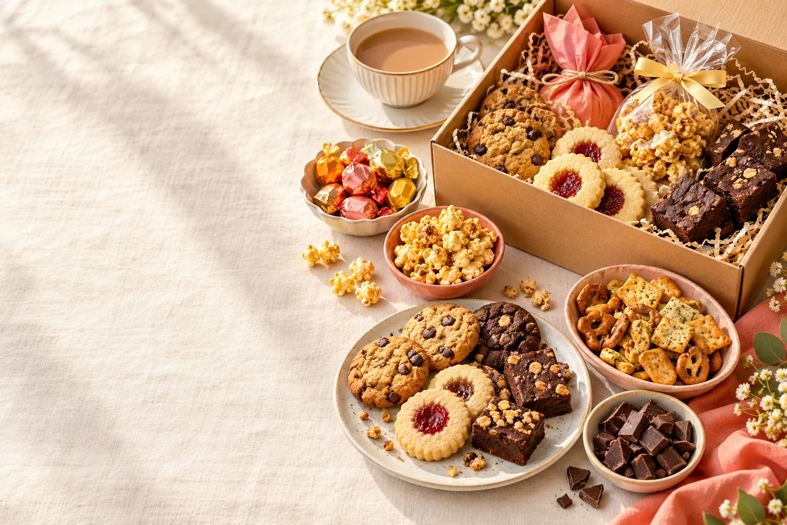 Illustrative spread of biscuits, chocolates and snacks beside a gift hamper